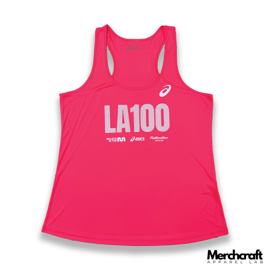 Bright pink polyester athletic tank with a custom white printed graphic